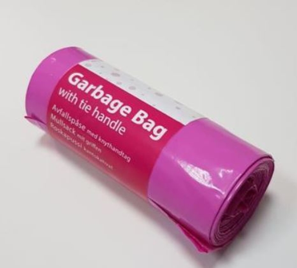Avfallspåse LLD plast knyt, 30L 280/240x590mm 22my rosa - NPA Plast