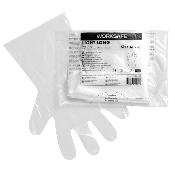 Handske PE Worksafe Light Long, M 35 cm, 0,025mm präglad - Worksafe