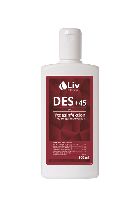 Ytdesinfektion Liv IPA +45%, 300ml flaska m tensid CE - LiV