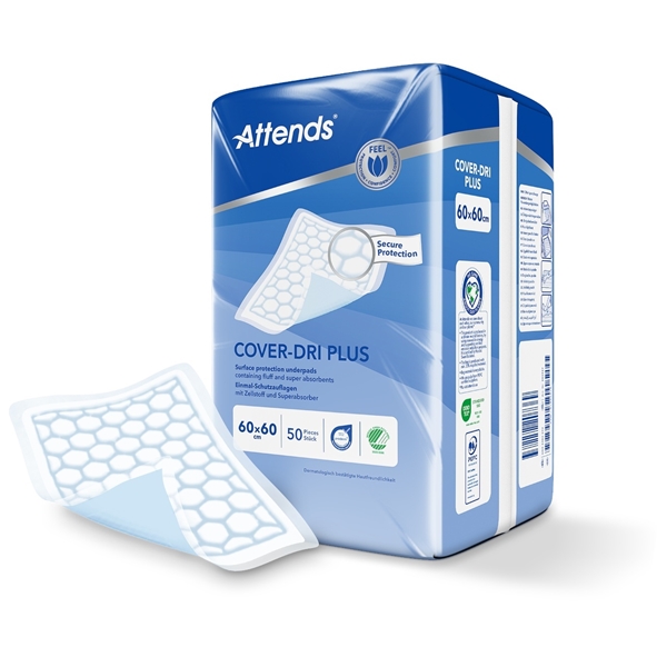 Hygienunderlägg engångs, 60x60cm 29g Cover Dri Plus - Attends