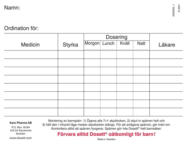 Ordinationskort till doseringsask, Svenska, till Dosett Medi