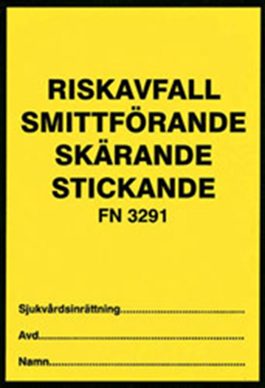 Etikett Smittf/skär/stick, 102x148mm gul/svarttext rle100