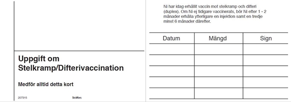 Uppgigt om stelkramp/difterivaccination, RVN kir nr9