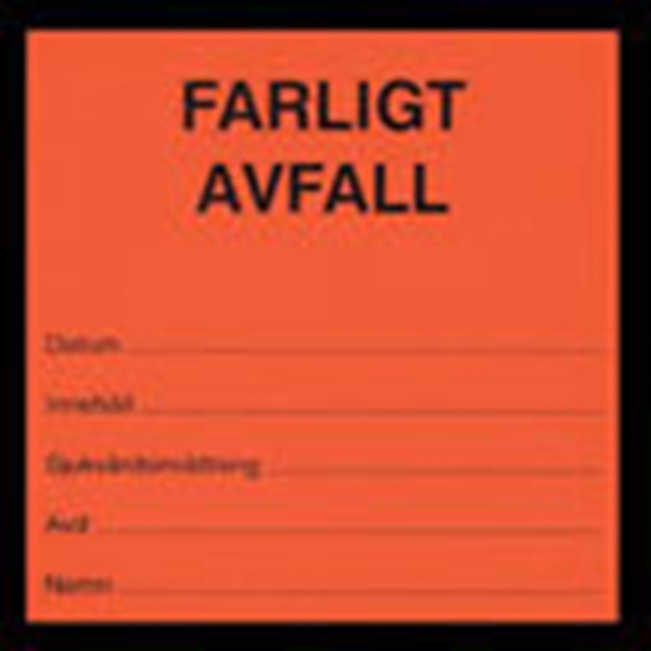 Etikett Farligt avfall, orange/svart text  rle100
