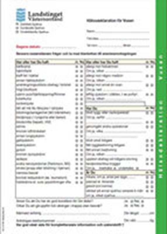 Blankett Hälsodeklaration, för vuxen