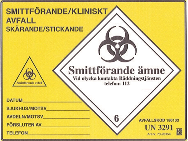 Etikett smitt/klin skär/stick, 150x200mm UN 3291 rle100