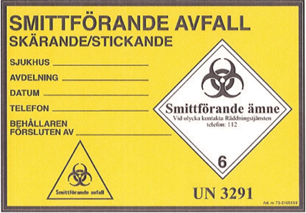 Etikett smitt/klin skär/stick, 105x152mm UN 3291 rle100