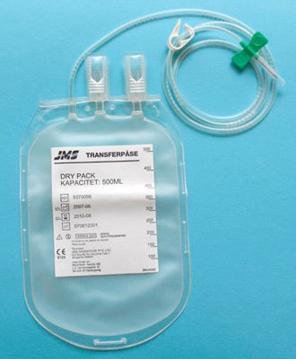 Blodtappningspåse graderad med kanyl JMS, 500ml utan Y-koppling