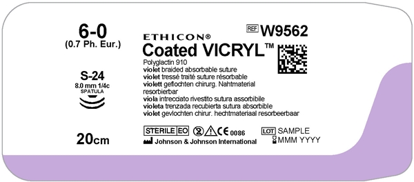 Sutur Vicryl 6-0 W9562, 20cm Nål 2X1/4 stl 8,0 - Vicryl