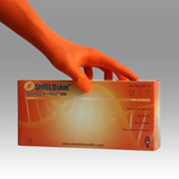 Undersökningshandske nitril SHIELDskin, large 30cm puderfri för lab