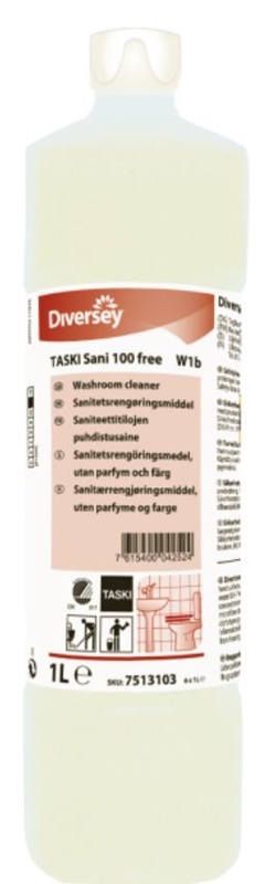 Sanitetsrengöring Sani 100 free, 1L ph=10 oparfymerad W1b