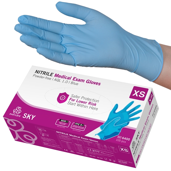 Handske us nitril evercare pf, XS SKY blå AQL 1,0 - evercare®
