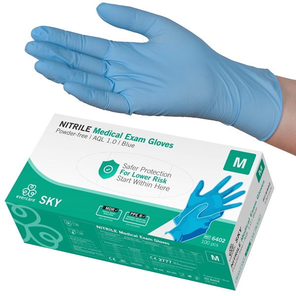 Handske us nitril evercare pf, M SKY blå AQL 1,0 - evercare®