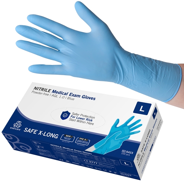 Handske us nitril evercare pf, L SAFE X-LONG blå AQL 1,0 - evercare®