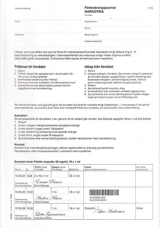 Narkotikajournal, A4 häfte med 16 blad