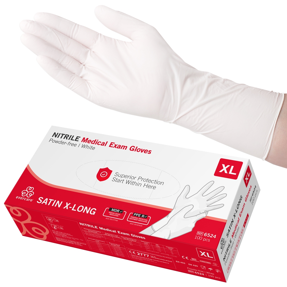 Handskar us nitril Evercare - XL SATIN X-LONG vit AQL 1,5 - 100 st