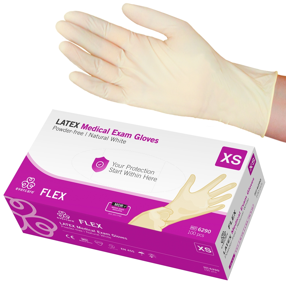 Handske us latex evercare - XS FLEX puderfri - 100 st
