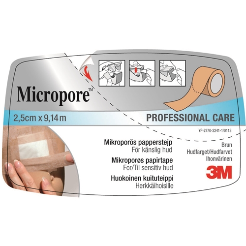 Häfta papper Micropore beige - 2,5cmx9,1m hållare konsumfp - 6 st/förp.