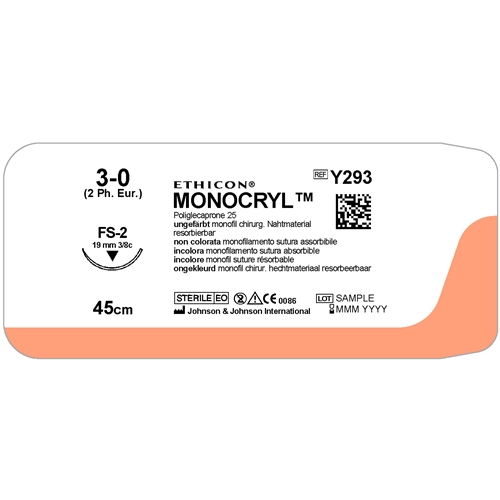 Sutur Monocryl 3-0 Y293H - 45cm nål FS-2 ofärgad - 36 st