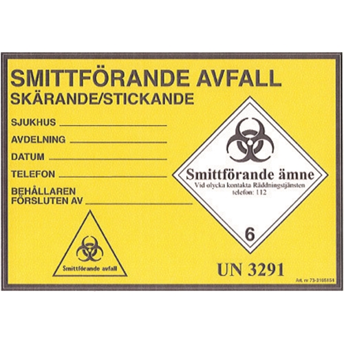 Etikett smitt/klin skär/stick - 105x152mm UN 3291 rle100